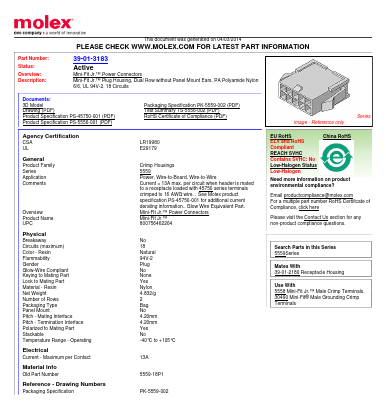 0039013183 Datasheet PDF Molex Connectors