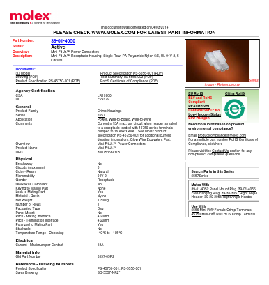 0039014050 Datasheet PDF Molex Connectors