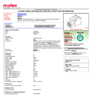 0050361672 Datasheet PDF Molex Connectors