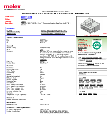 39-01-2145 Datasheet PDF Molex Connectors