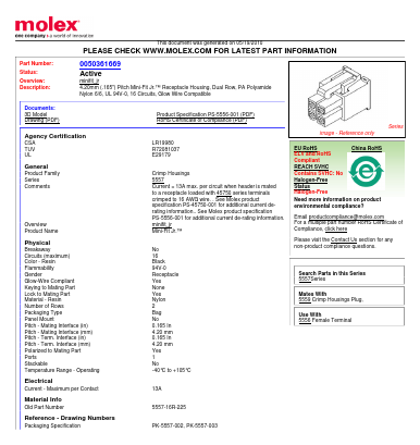 0050361669 Datasheet PDF Molex Connectors