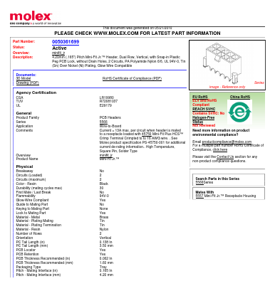 0050361699 Datasheet PDF Molex Connectors