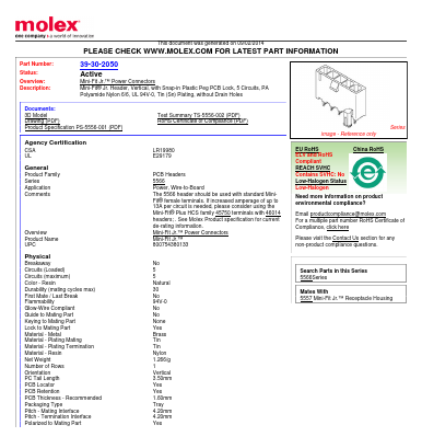 39-30-2050 Datasheet PDF Molex Connectors