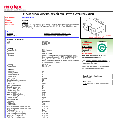 39-30-0043 Datasheet PDF Molex Connectors