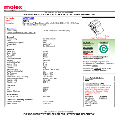 0190070010 Datasheet PDF Molex Connectors