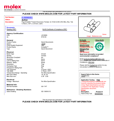 0190080001 Datasheet PDF Molex Connectors
