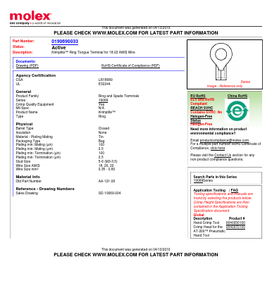 0190690033 Datasheet PDF Molex Connectors
