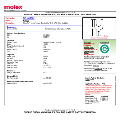 0191410022 Datasheet PDF Molex Connectors