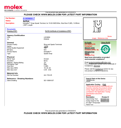 0190980017 Datasheet PDF Molex Connectors