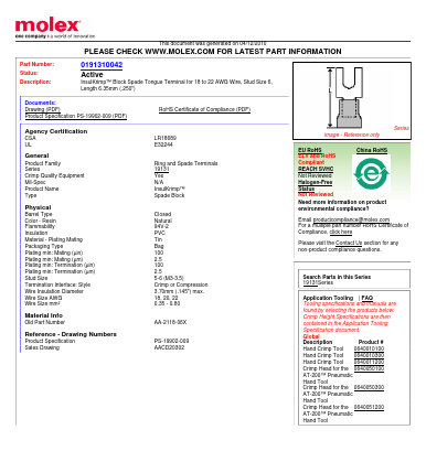 0191310042 Datasheet PDF Molex Connectors