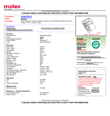 0190070015 Datasheet PDF Molex Connectors