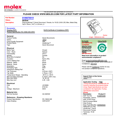 0190070019 Datasheet PDF Molex Connectors