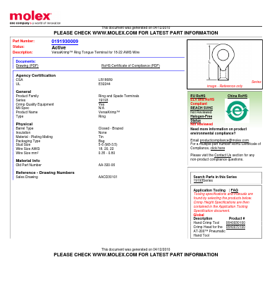 0191930009 Datasheet PDF Molex Connectors