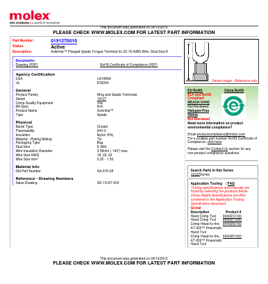 0191270010 Datasheet PDF Molex Connectors