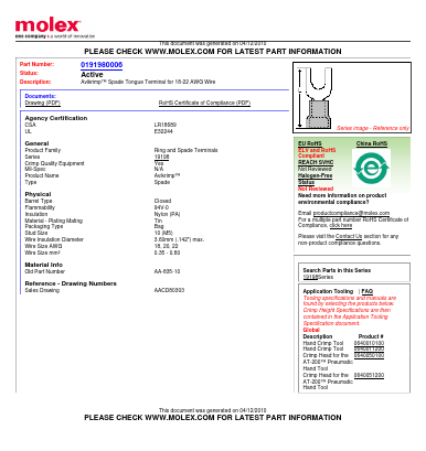 0191980006 Datasheet PDF Molex Connectors