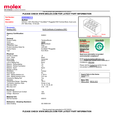 39930-0313 Datasheet PDF Molex Connectors