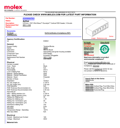 0399000503 Datasheet PDF Molex Connectors