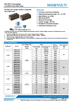 A0503S-2WR2 Datasheet PDF MORNSUN Science& Technology Ltd.