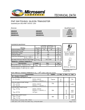 2N2905AL Datasheet PDF Microsemi Corporation