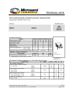 2N6052 Datasheet PDF Microsemi Corporation
