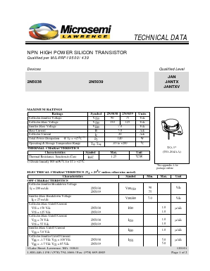 JANTXV2N5038 Datasheet PDF Microsemi Corporation