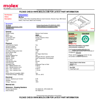 0492250821 Datasheet PDF Molex Connectors