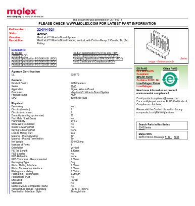0022041021 Datasheet PDF Molex Connectors
