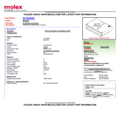 0015045052 Datasheet PDF Molex Connectors