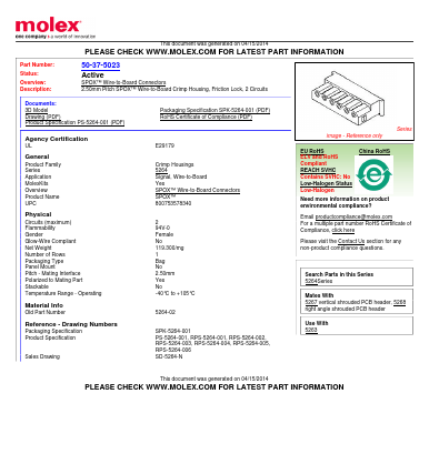 0050375023 Datasheet PDF Molex Connectors