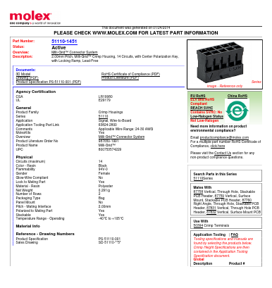51110-1451 Datasheet PDF Molex Connectors