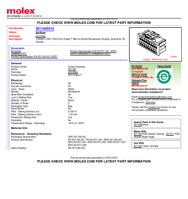 5011895010 Datasheet PDF Molex Connectors