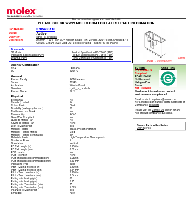 0705430118 Datasheet PDF Molex Connectors