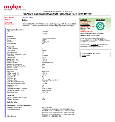 52207-1660 Datasheet PDF Molex Connectors
