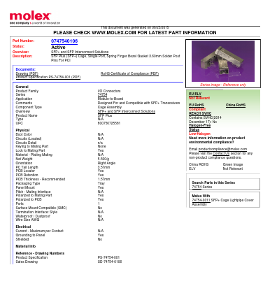 0747540106 Datasheet PDF Molex Connectors