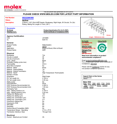 0022286360 Datasheet PDF Molex Connectors