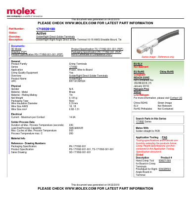 171892-0100 Datasheet PDF Molex Connectors
