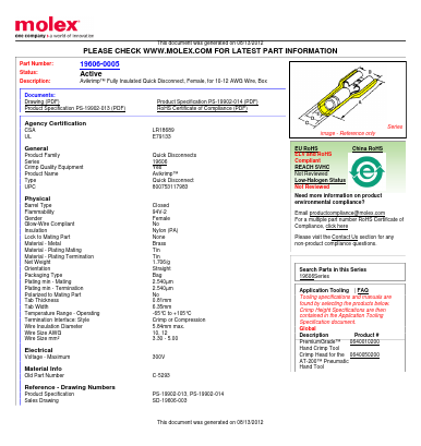 19606-0005 Datasheet PDF Molex Connectors