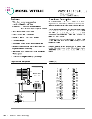 V62C1161024LL Datasheet PDF Mosel Vitelic Corporation 