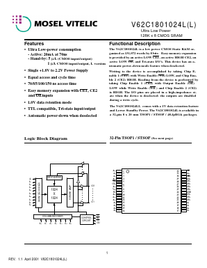 V62C1801024L-150T Datasheet PDF Mosel Vitelic Corporation 