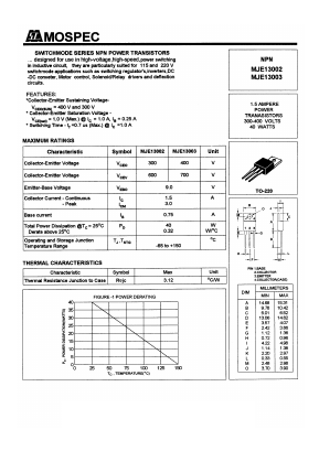 MJE13002BR Datasheet PDF Mospec Semiconductor