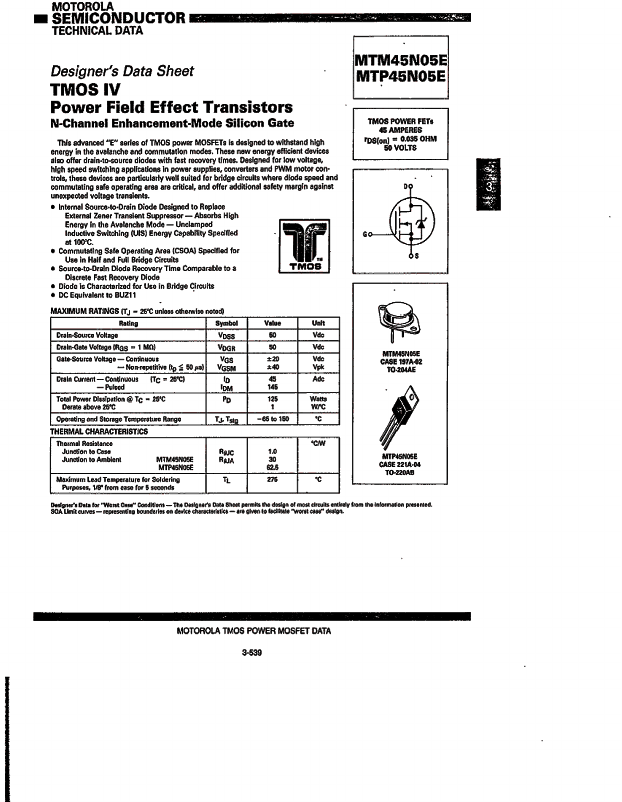 MTM45N05E Datasheet PDF Motorola => Freescale