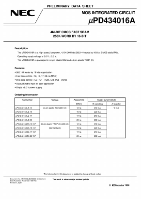 UPD434016A Datasheet PDF NEC => Renesas Technology