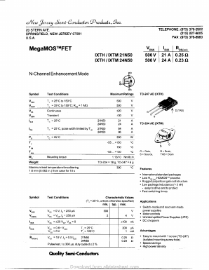 IXTH21N50 Datasheet PDF New Jersey Semiconductor