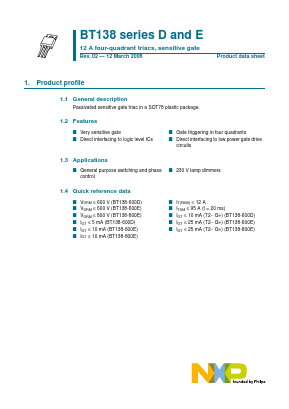 BT138 Datasheet PDF NXP Semiconductors.