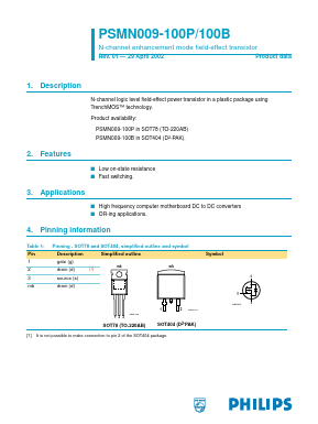 PSMN009-100P Datasheet PDF Philips Electronics