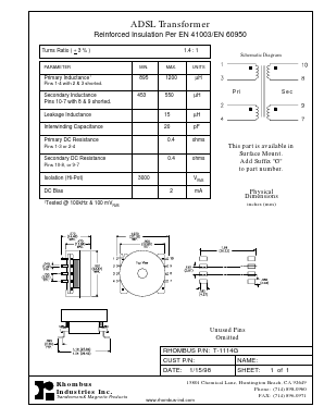 T-1114G Datasheet PDF Rhombus Industries Inc.