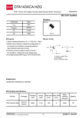 DTA143XCAHZG Datasheet PDF ROHM Semiconductor