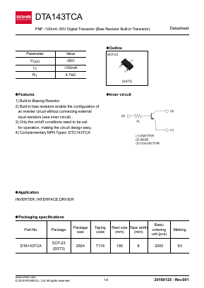 DTA143TCA Datasheet PDF ROHM Semiconductor