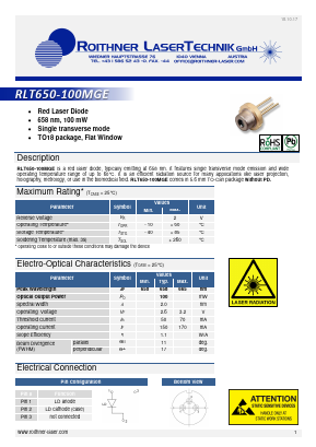 RLT650-100MGE Datasheet PDF Roithner LaserTechnik GmbH