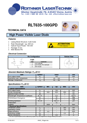 RLT635-100GPD Datasheet PDF Roithner LaserTechnik GmbH